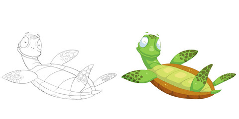 Creative Illustration and Innovative Art: Animal Set: Sketch Line Art and Coloring Book: Happy Turtle. Realistic Fantastic Cartoon Style Character Design, Wallpaper, Story Background, Card Design

