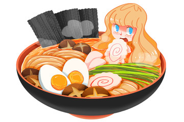 Creative Illustration and Innovative Art: Eating Girl in a Big Noodle Bowl. Realistic Fantastic Cartoon Style Artwork Character Design, Wallpaper, Story Background, Card Design