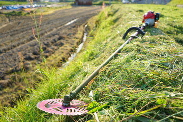 Old man mowing grass with mower / 草刈機で草刈りをする高齢者 農作業 農業...