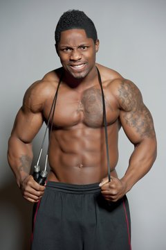 African American Body Builder with Jump Rope