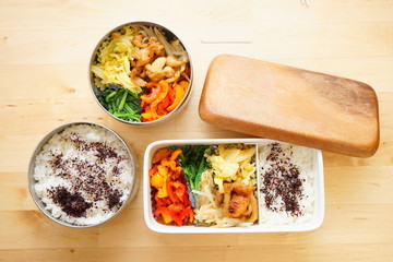 Home cooked healthy Bento lunch box with fresh vegetables and organic meals