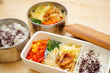 Home cooked healthy Bento lunch box with fresh vegetables and organic meals