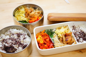 Home cooked healthy Bento lunch box with fresh vegetables and organic meals