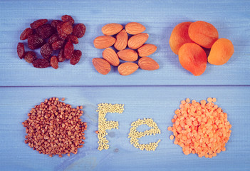 Vintage photo, Products and ingredients containing ferrum and dietary fiber, healthy food