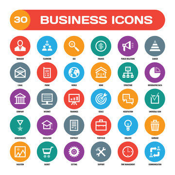 30 business creative vector icons in flat style for material design projects. Business vector icons set. Flat icons collection. Vector signs. Vector flat icons for website, blog, mobile application.