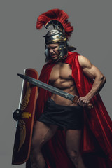 A man in Roman soldier costume.