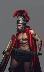 A man in Roman soldier costume.