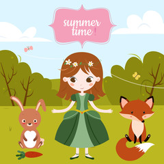 Naklejka premium Vector illustration of cute cartoon girl and text Summer Time on the blue background.