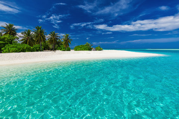 White sandy tropical beach with palm trees and blue lagoon