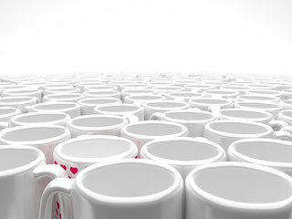 Fototapeta premium an array of shiny white mugs and one mug with red hearts - blending into a white background - with depth of field effect (3d illustration)