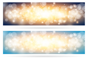 Fototapeta premium Abstract sparkling cloud light magic blue background. Bright glow spark and bokeh effect horizontal banner set.