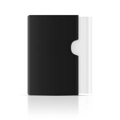 VECTOR PACKAGING: Black packet cardboard box cover with blank book on isolated white background. Mock-up template ready for design.