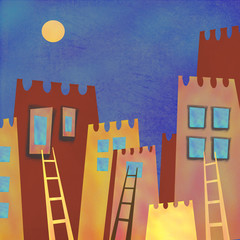 Fototapety  Kolorowe abstrakcyjne wieżowce miasta nocą. Wystrój wnętrz. Ręcznie rysowana noc abstrakcyjna architektura z księżycem na niebie