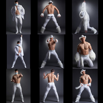 Photo collection of sexy showman dancing in studio