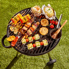 Vegetarian Kebabs and Vegetables Cooking on Grill © exclusive-design