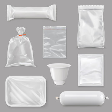 Food packaging for different snack products, plastic retail package, vector set mock up
