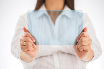 Pregnant woman holding blank futuristic transparent mobile with