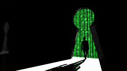 Elite hacker entering a room in green