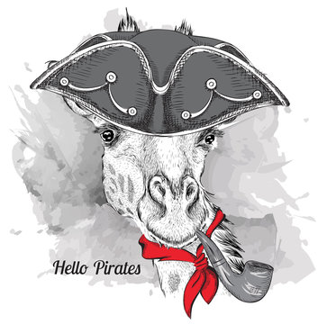 Image Portrait giraffe in a sailor hat and  with tobacco pipe. Vector illustration.