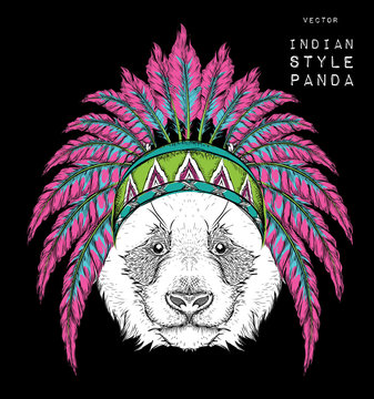 Panda in the Indian roach. Indian feather headdress of eagle. Hand draw vector  illustration