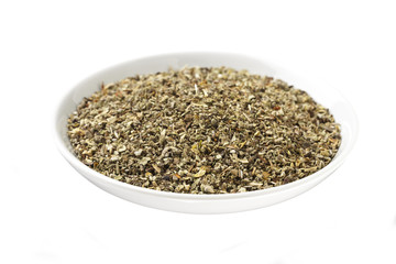 tea leaves in bowl.