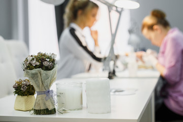 Manicure care procedure, Close-up photo Of Beautician Hand Painting Nails Of Woman In Salon