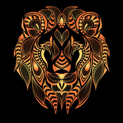 Patterned colored head of the lion. African / indian / totem / tattoo design. It may be used for design of a t-shirt, bag, postcard and poster.