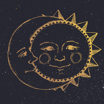 Fototapeta Hand drawn sun with moon
