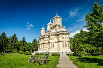 Curtea de Arges monastery, Romania. Curtea de Arges Monastery is known because of the legend of architect master Manole. It is a landmark in Wallachia, medieval Romania.
