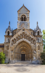 Fototapeta na wymiar Entrance to the old church in the castle of Vajdahunyad in Budap