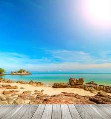 Plakat Beautiful beach of south of Thailand with wooden under for put your products.