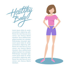 Sporty young woman in sportswear with handwritten inscription Healthy body. Healthy lifestyle concept. Flat style vector illustration.