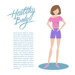 Sporty young woman in sportswear with handwritten inscription Healthy body. Healthy lifestyle concept. Flat style vector illustration.