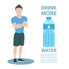 Sporty young man in sportswear with inscription Drink more water. Healthy lifestyle concept. Motivation poster template. Bottle of water. Flat style vector illustration.