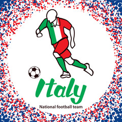 Italy. National football team of Italy. Vector illustration with the football player and the ball. Vector handwritten lettering.