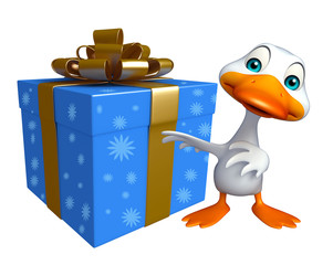 fun Duck cartoon character with gift box