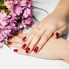 Hands of a woman with red manicure on nails and flowers against white background