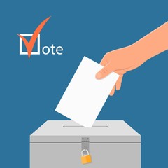 Election day concept vector illustration. Hand putting voting paper in the ballot box.