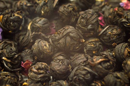 chinese black tea leaf balls with flower
