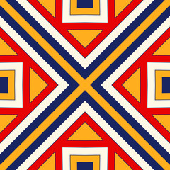 Bright ethnic abstract background. Seamless pattern with symmetric geometric ornament.