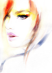 Abstract fashion watercolor illustration. Beautiful woman face. 