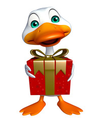 fun Duck cartoon character with gift box