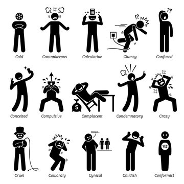 Negative Personalities Character Traits. Stick Figures Man Icons. Starting with the Alphabet C.