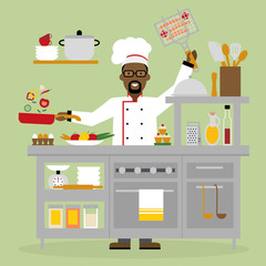 Male african american chef cooking on pink background. Restaurant worker preparing food. Chef uniform and hat. Table and cafe equipment.