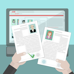 Hands holding resume. Find resume and hiring. Finding staff on internet. Choose candidate and analyze cv. Professional company resources.