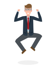 Businessman jumping in the air on white background. Concept of victory, business success and celebrating. Isolated happy caucasian businessman is excited.