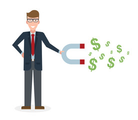 Businessman with magnet on white background. Caucasian businessman holding magnet. Magnetize money, wealth, finance. Earn money.