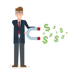 Businessman with magnet on white background. Caucasian businessman holding magnet. Magnetize money, wealth, finance. Earn money.