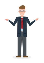 Businessman pointing on white background. Isolated caharacter. Instructor and adviser. 
