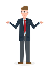Confusing businessman on white background. Isolated character. Businessman shrugging shoulders. Uncertain, unsure and worry. Thinking about answer.
